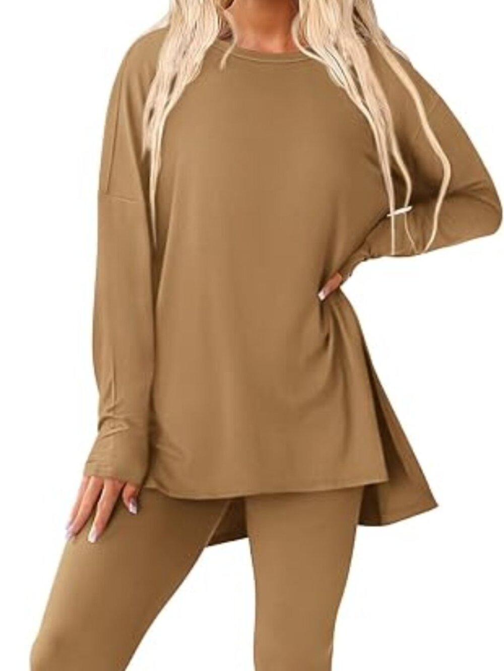 2 Piece Set Loungewear Long Sleeve Leggings, L, Camel